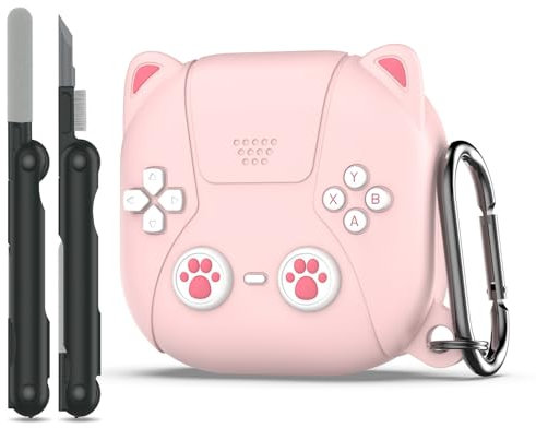 RFUNGUANGO Case for Samsung Galaxy Buds 2/Pro/Live/FE, Gaming Console Themed Case with Cleaner Kit, Soft Silicone full-body protective case, Cat ear light pink