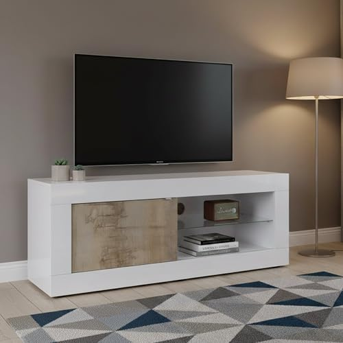 Dmora - Fernsehschrank Lesina, Ständer für Wohnzimmerfernseher, Niedriges Wohnzimmer-Sideboard, TV-Ständerbasis, Made in Italy, 140x43 h56 cm, Weiß und Akazie