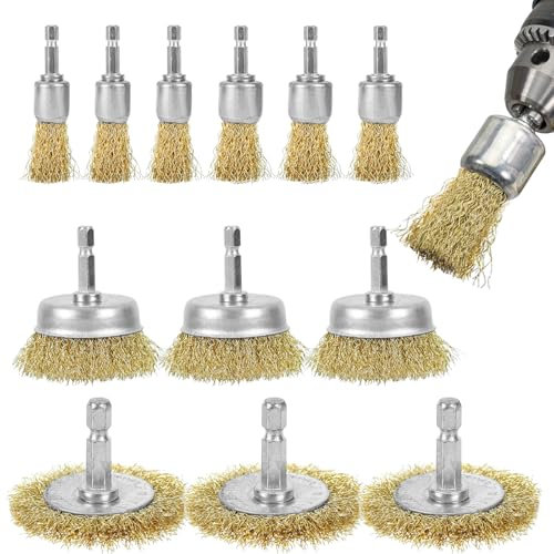 Wire Brush for Drill, 12 Piece Brass Coated Drill Wire Wheel Cup Brush Set for Drill 1/4 Hex Shank Wire Brushes for Rust Removal Cleaning Metal Paint Wood
