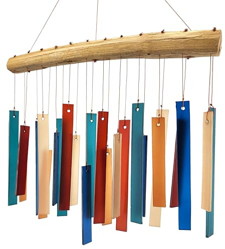 Blue Handworks Rechteckiges Windspiel aus Glas, Retro | Buntes handgefertigtes Windspiel aus sandgestrahltem Glas mit gefundenem Holz