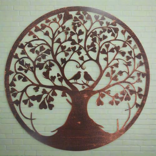 Marissa's Garden & Gift Metal Tree of Life Wall Art, Round Copper-Toned Decorative Wall Hanging with Birds, 60cm, powder coated, suitable for indoor/outdoor