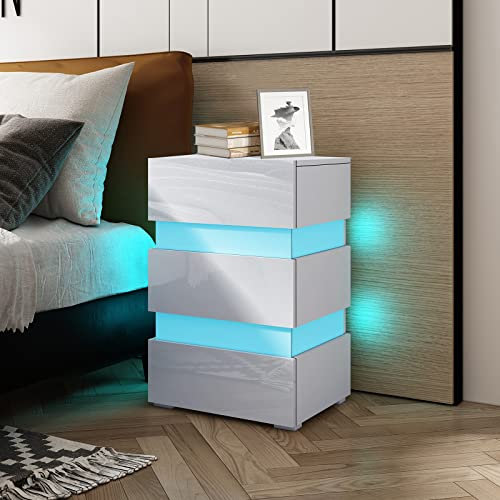 Komtopod Nachttisch mit LED-Beleuchtung & 3 Schubladen - Weiße Hochglanz-Kommode Beistelltisch Sofatisch für Schlafzimmer Wohnzimmer