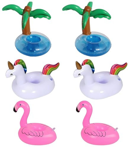 TiGog 6/12 Stück Getränkehalter Pool, Aufblasbare Pool Getränkehalter Schwimmend, Becherhalter Pool, Palme, Einhorn, Flamingo Aufblasbarer Flaschenhalter, Aufblasbare Pool Spielzeug
