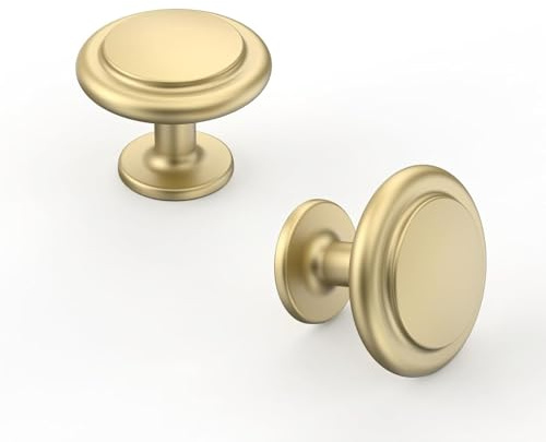 Amerdeco 10 Pack Brushed Gold Cabinet Knobs Single Hole Zinc Alloy | Smooth Feel, Vintage-Inspired Design, Screws Included, Kitchen Cabinet Hardware, for Cupboards, Drawers and Dressers