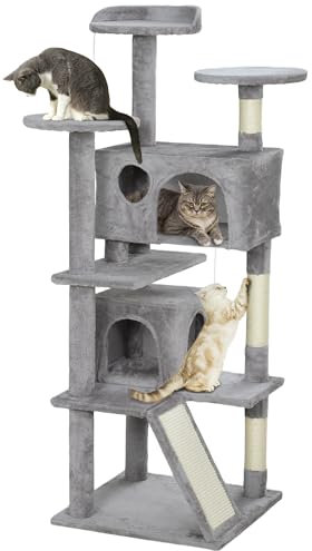 PawHut Arbre à Chat Hauteur 138 cm, Tour de Jeux pour Chats avec griffoir, Plate-Formes, 2 niches, Pompons, Tissu Peluche, Multi-Niveaux idéal pour 1-3 Chats Gris Clair