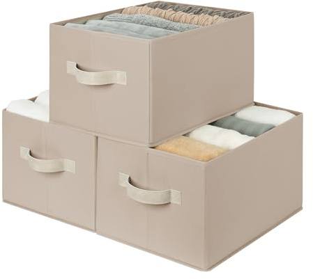 StorageWorks große Aufbewahrungskörbe für Regale, Stoff Aufbewahrungsboxen für Schrank mit Griffen, dekorative Wäscheschrank Organizer für Kleidung, faltbare Kisten, hellbraun, 3 Stück
