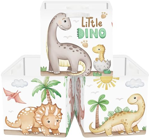 Clastyle 3 Stück Dinosaurier Aufbewahrungsbox Stoff für Kallax Faltbar Aufbewahrungskorb Klein Schrank Organizer Kleiderschrank für Regal, Braun, 30x30x30 cm