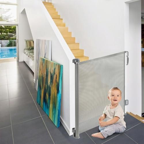 Peviasot Treppenschutzgitter, Türschutzgitter Ausziehbar 0-180cm, Baby-Treppengitter, Babygitter mit Netz, Haustierbarriere, Türgitter mit Drehverschluss, für Innen- und Außenbereich, Grau