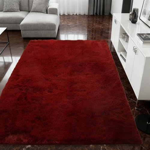 WRUIJIO Moderner Hochflor 120 x 180 cm Flauschiger Kuscheliger Schlafzimmer Flauschige Moderne Zeitlos Stilvoll rutschfest Pflegeleicht für Schlafzimmer, Küche, Flur, Weinrot