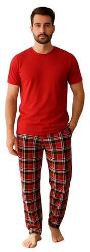 Gaffer Mens Pyjamas Set Trousers Woven Check Lounge Pants Half Sleeve T Shirts Top Red - Red S
