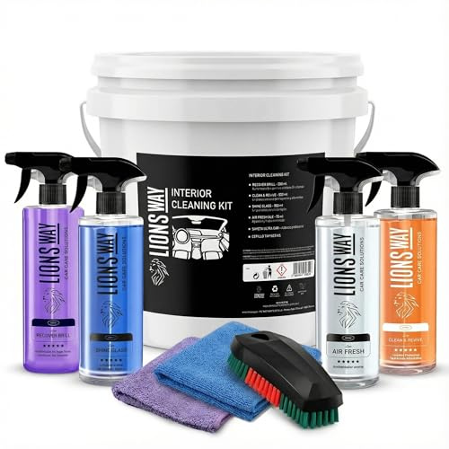 LionsWay: Kit Completo Limpieza Interior Coche | Incluye Limpiador de Tapicerías con Cepillo, Limpiacristales con Bayeta, Limpia Salpicaderos con Bayeta y Ambientador | Todo en Cubo Práctico