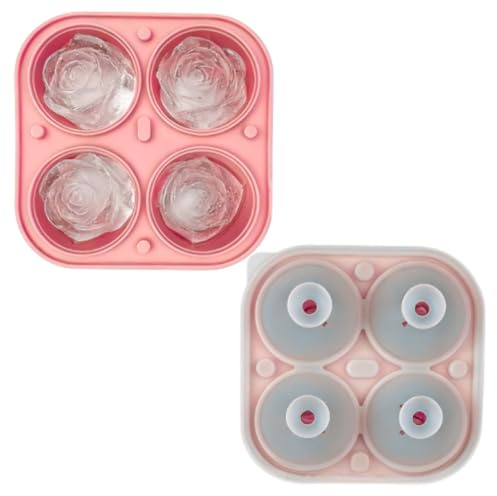 Silikon Eiswürfelform mit Deckel - 4x 55mm 3D-Rosen-Eiskugeln, BPA-frei, wiederverwendbare Eiswürfel Form Rose Design für perfekte Cocktails & Whisky, leicht zu lösen, spülmaschinengeeignet (Rosa)