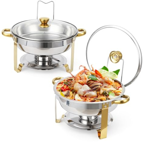 Garvee Réchaud De Banquet Ronde 5QT - Lot De 2 avec Couvercle en Verre - Chauffe-Plats en Acier Inoxydable pour Buffet, Mariage, Réceptions