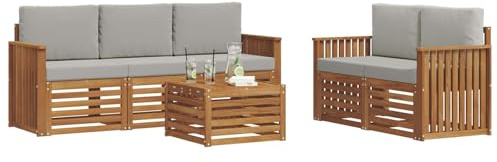 vidaXL Sofagarnituren 6 pcs Natürlich und Hellgrau Massivholz Akazie, Moderne Gartenmöbel, strapazierfähiges Outdoor-Sofa, Lounge-Set für die Terrasse, bequemes Sitzen draußen
