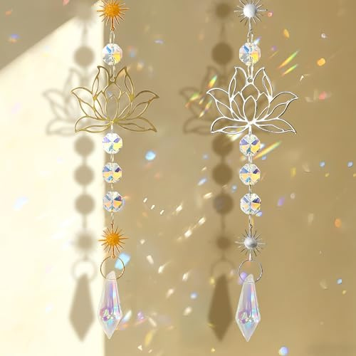 2 Stück Lotusblüten Sonnenfänger mit Tropfenförmigem Kristallprisma | Sonnenfänger Kristall für Fensterdeko – Eleganter Lotus Sonnenfänger aus Gold und Silberfarbenem Messing für Haus Gold Silber