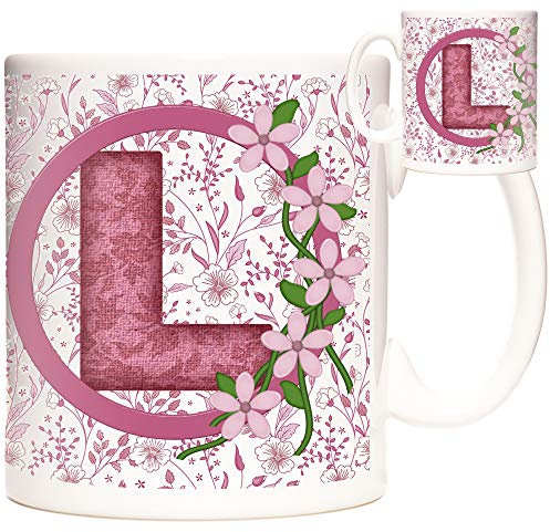 Letter L Gift Mug, Monogram Initial L Mug, Alphabet Letter L Mug, Birthday or Celebration Gift for People Who's Name Begins with L. Pink Flower Design 11oz Ceramic Mug