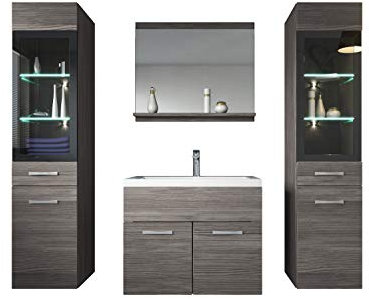 Badezimmer Badmöbel Set Rio XL LED 60cm Waschbecken Grau Eiche - Unterschrank 2X Hochschrank Waschtisch Möbel