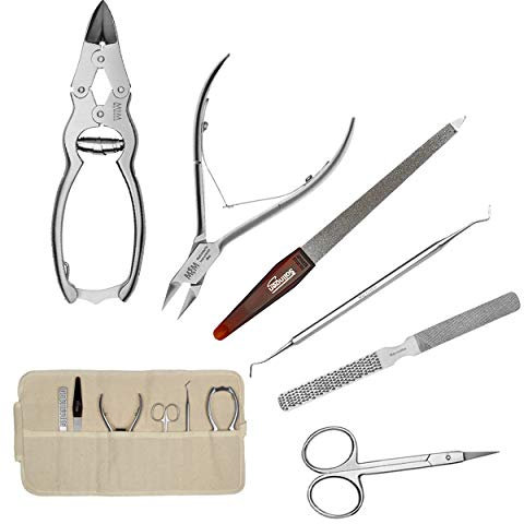 May Profi Fußpflege- & Maniküre-Set (6-tlg.) mit Nagelzange für dicke Nägel – Edelstahl Rostfrei in Leinentasche