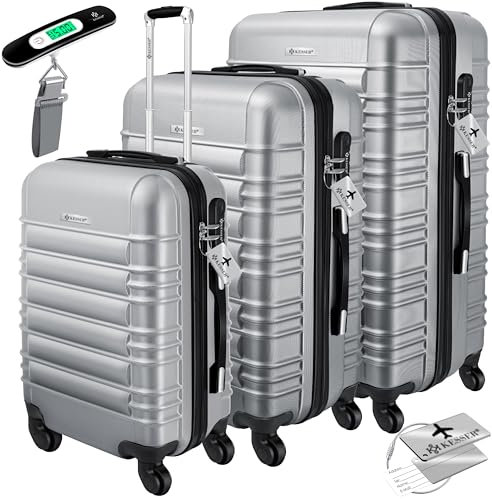 KESSER® 3pcs Hartkoffer Koffer Set Reisekoffer Set Trolley Koffer inkl. Gepäckwaage + Gepäckanhänger Rolling Kofferschloss 4 Rollen ABS Hartschale Teleskopgriff M-L-XL, silberfarben, M-L-XL, hardshell