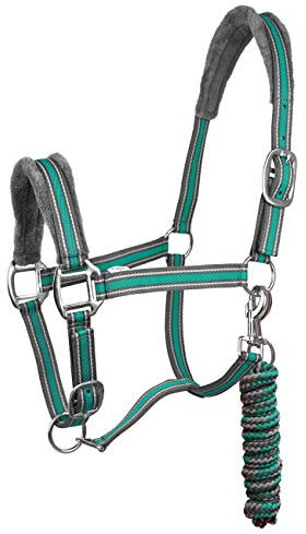 York Halfterset Halfter mit Strick Calipso Halfter & Strick gepolstert 5 Farben (Pony, grau/grün)