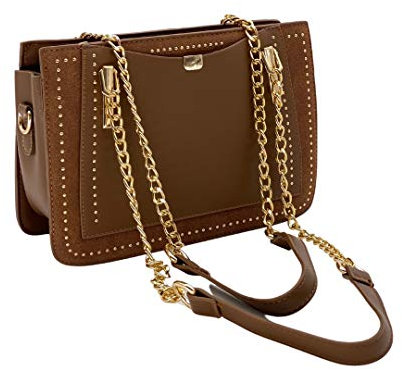 Julesmar Schultertasche London Streets Braun // Kunstleder Handtasche, Kettentasche mit Gold Kette, Nieten, Reißverschluss - Abendtasche Damen, Brown Cross Body Bag Chain - Trend 2023