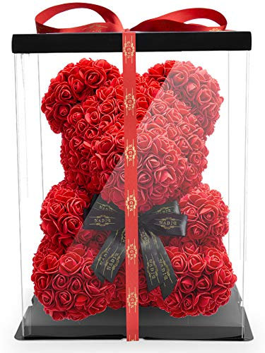 NADIR - Orso di rose con fiocco, altezza tra 25 cm, 40 cm e 70 cm, con confezione regalo preconfezionata, per San Valentino, festa della mamma, compleanni, anniversari (rosso, 40 cm)