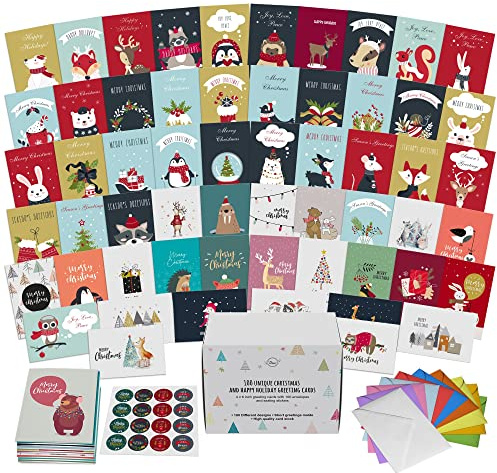 Dessie 100 Unique Modern Christmas Cards with Envelopes and Matching Sealing Stickers. Happy Holiday Cards with Short Greetings Inside. Bulk Christmas Cards Boxed with Envelopes