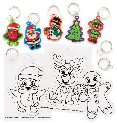 Baker Ross FE990 Weihnachten Schrumpffolie Schlüsselanhänger - 8er Pack, Bastelset für Kinder zum Ausmalen und Anhängen, Weihnachtsbastelset für Kinder