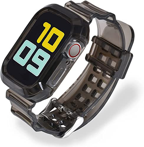 Fleshy Leaf Compatible with Apple Watch Bands Series SE 7 6 5 4 3 2 1, Clear Soft Silicone Strap with Bumper Protective Cases for Apple Watch Series 42/44/45 mm 38/40/41 mm (42/44/45 mm, Black)