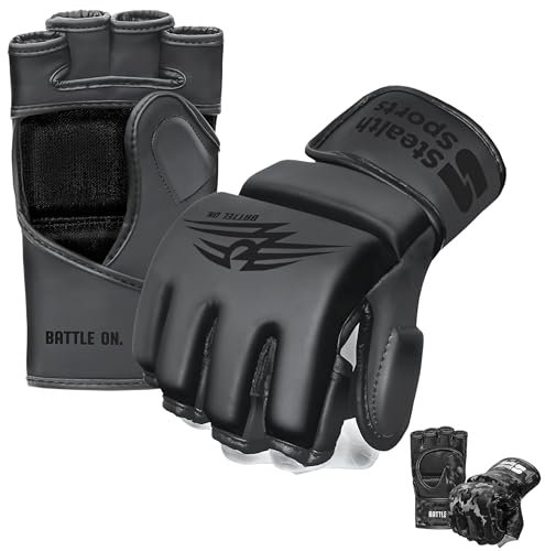 Guantes MMA de 12 mm de Grosor - Guantes de Agarre de Cuero PU Palma Abierta Muay Thai Kickboxing Sparring Saco de Boxeo Entrenamiento de Boxeo Guantes de Artes Marciales (Negro, L)
