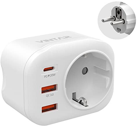 VINTAR 1PC 20W Prise USB Multiple, Multiprise Murale Charge Rapide 4 en 1 PD et QC 3.0, avec 2 ports USB et 1 port USB-C pour Allemagne, France, Espagne, Certification CE Type E/F
