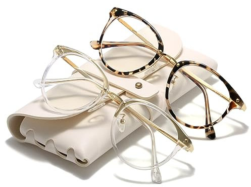 Cleoxyge Blaulichtfilter Brille Ohne Sehstärke für Damen-Herren,Metallrahmen Anti Blaulicht UV400-Schutz PC Gaming Mit Brillenetuis und Brillenputztuch (C010-2 Pack Leopard + Durchsichtige)
