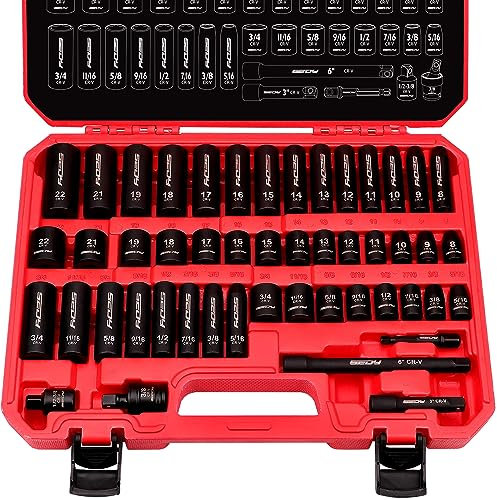 3/8 Drive Impact Socket Set - 49-Piece SAE (5/16 to 3/4 inch) and Metric (8-22mm) Sizes with Extension Bars and Universal Joint Standard & Deep CR-V Material for High Durability Impact Wrench