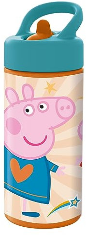 P:os 35142 - Peppa Wutz Trinkflasche für Kinder, Wasserflasche mit integriertem Strohhalm, ca. 410 ml Fassungsvermögen, auslaufsicher, für Schule, Sport und Freizeit