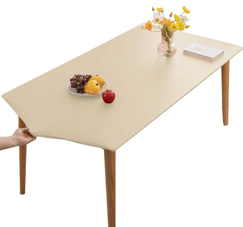 YCDZSW PU-Leder Elastische Tischdecke Gartentischdecke Rechteckig Tischdecke wasserdichte rutschfeste Abwischbar Schmutzabweisend Tischdecke Für Outdoor,Küche Und Esszimmer (Beige,90X140CM)