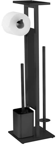 WENKO Stand WC-Garnitur Mod. Debar mit Ablage, aus mattiertem Edelstahl, Bodenplatte aus schwarzem Sicherheitsglas, 21 x 70,5 x 18 cm