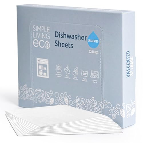 Simple Living Eco Dishwasher Detergent Sheets UK. Eco-Friendly Alternative to Dishwasher Tablets, Plant-based biodegradable ingredients, Unscented, hypoallegenic and suitable for sensitive skin.