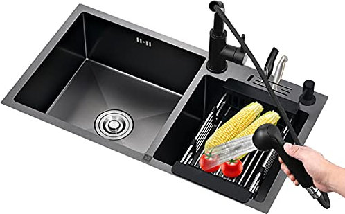 Évier de cuisine, évier double cuvette en acier inoxydable noir avec porte-couteau, évier intégré de poste de travail de garde-manger de 30 pouces, robinet d'évier rétractable (B 72*40*21cm)