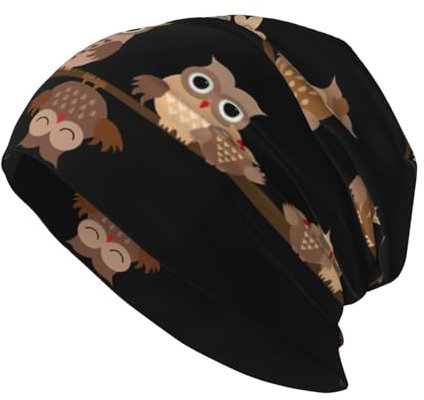 JEJEA Beanie-Mütze mit niedlichem Cartoon-Eulen-Druck, warm, gestrickt, lässig, weich, hautfreundlich, für Damen und Herren, Schwarz , Einheitsgröße