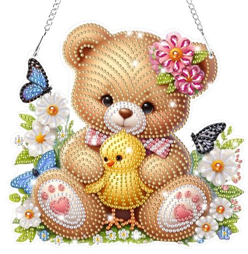 Lxmsja 5D Diamond Painting Anhänger Bär und Küken, Diamond Painting Fensterbilder Beidseitig für Erwachsene Kinder, Bastelset Kreativ Set, Hängend Ornament Kranz Tür Fenster Wand Eingang Decor