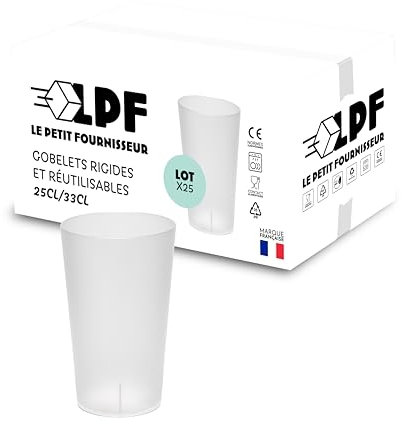 LPF LE PETIT FOURNISSEUR - Lot de 25 Gobelets réutilisables 25cl (33cl à ras-bord) - Polypropylène (PP) alimentaire rigide - Gobelets plastique durables - Compatible lave-vaisselle - Couleur Givrée