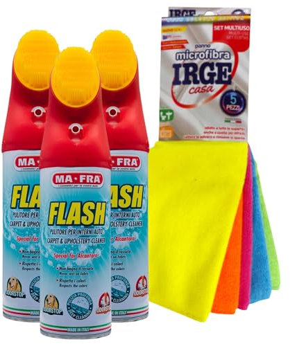 SET: Pulitore Per Interni Auto FLASH Pulitore a Secco, Ideale Per Smacchiare i Sedili In Tessuto e Rimuovere Odori, Con Spazzola Integrata 400ml + Confezione Da 5 Panni In Microfibra (3xFlash+Panni)