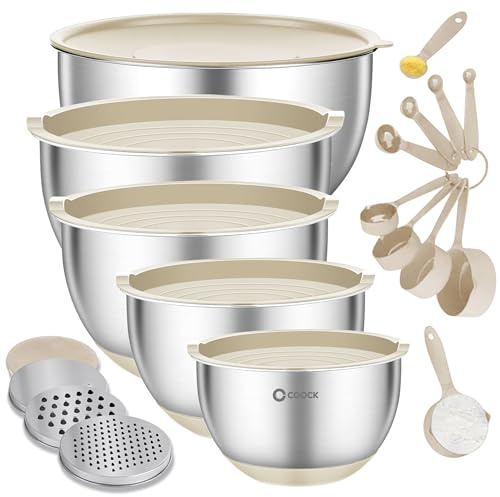 Coock RVS Schüssel- & Rührschüssel-Set mit Deckel & Raspel – 5-teilig 1,5L bis 5L – Beige – Edelstahl Küchenschüssel Set inkl. Messlöffel – Premium, Stapelbar & Langlebig