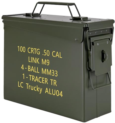 Trucky Munitionsbox Ammo Box Metallkiste Metallbox Munitionskiste | 28x10x23 cm, Grün, mit Text, Aufbewahrungsbox mit Deckel, Army, Metall