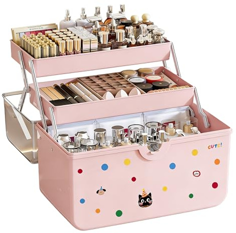 Kiswleon 3 Layer Craft Storage Box,Pink Hair Accessories Organiser for Girls with Handle,Storage Box with Compartments for Tool,Sewing,Art Craft,Make Up,Hair Accessories