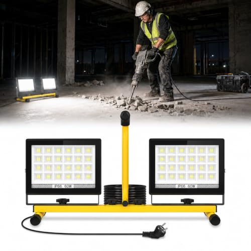 T-SUN 2x60W LED Baustrahler mit Stecker, 11000LM Baustellenstrahler mit 4M Kabel, IP66 Wasserdicht Arbeitsleuchte Baulampe, 6000K Kaltweiß LED Bauscheinwerfer für Baustelle, Werkstatt oder Keller