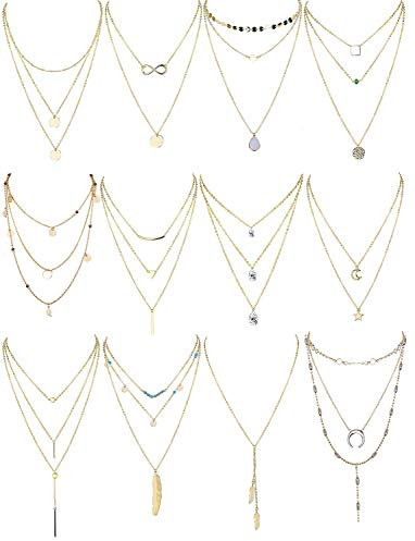 Finrezio 12 Stück Kette Damen Layered Kette Set Gold Silber Halskette Für Damen Sexy Lange Choker Kette Y Halskette Mehrreihige Halskette mit Anhänger Boho Kette Set