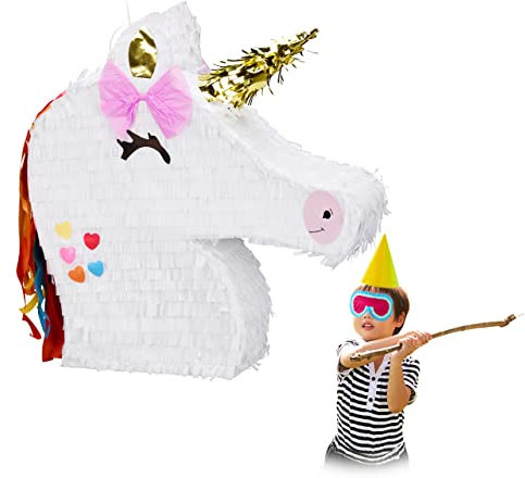 Relaxdays Einhorn Pinata, zum Aufhängen, Kinder, Mädchen, Geburtstag, Unicorn Pinata, zum selbst Befüllen, Piñata, weiß