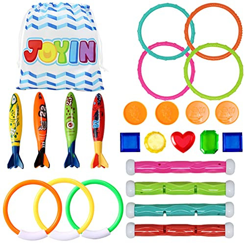 JOYIN 24 Pcs Diving Pool Toys Set with Storage Bag Dive Sticks For Swimming Pool Includes 7 Diving Rings, 4 Diving Sticks, 4 Bandits and 9 Pirate Treasures, Underwater Sinkers for Kids