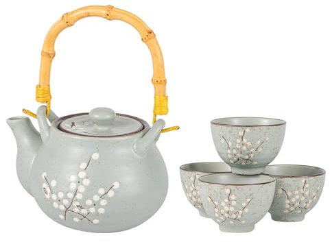 Hinomaru Collection Kagetsu Tee-Set aus glasiertem Porzellan, japanische Sakura-Kirschblüte, 750 ml, Teekanne mit Rattan-Griff und vier Teetassen, Salbeigrün